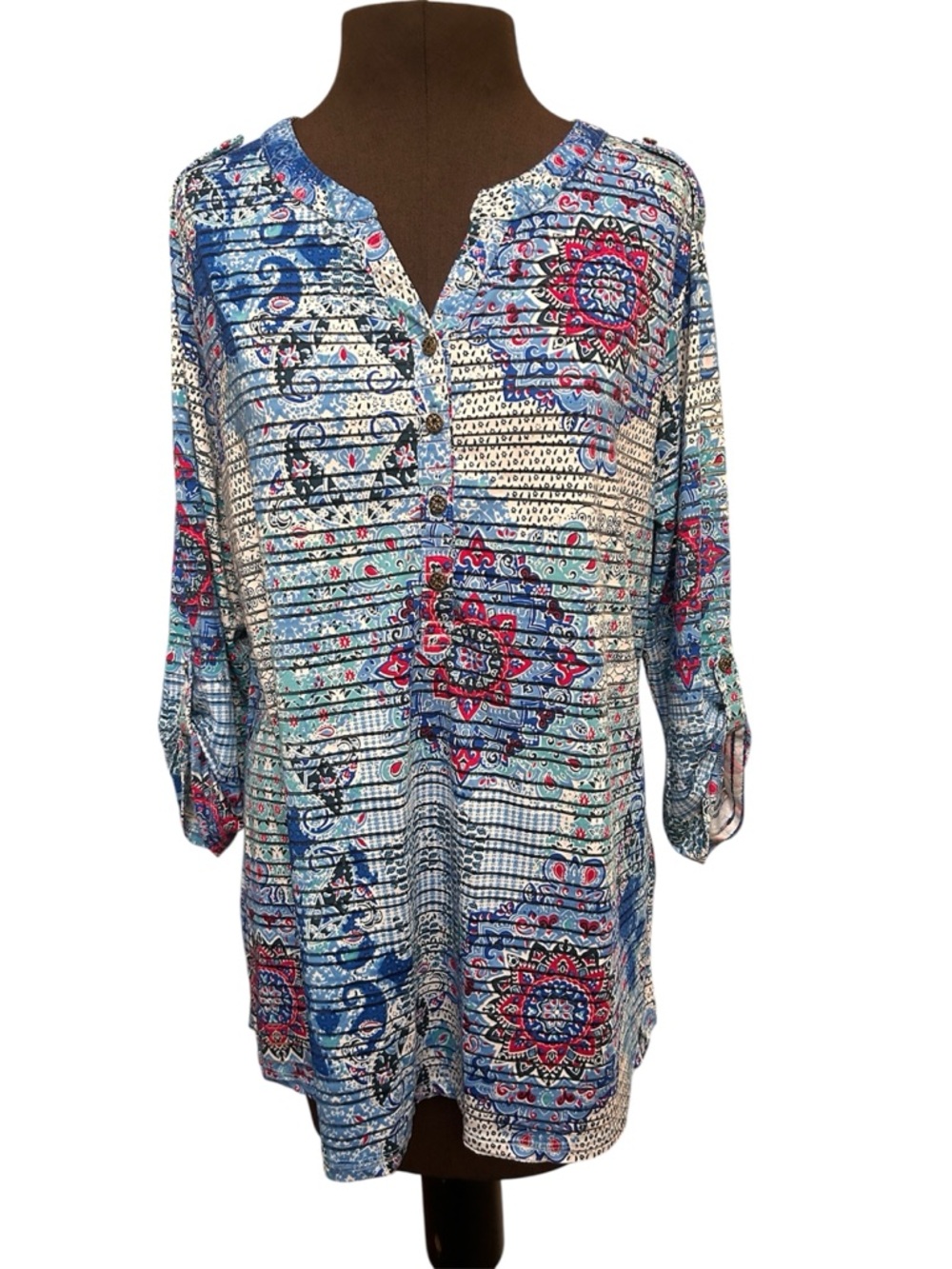 Blue & White Bohemian Sacred Geometry Paisley Blouse